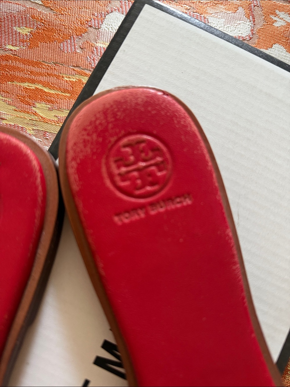 Tory Burch Red/Gold Double T leather slides - Picture 7 of 16